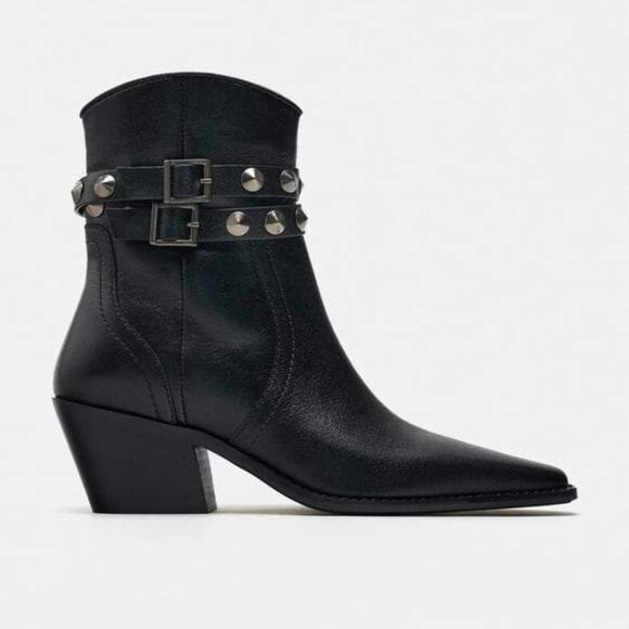 Zara Studded Black Leather Cowboy Ankle Boots - Picture 2 of 10
